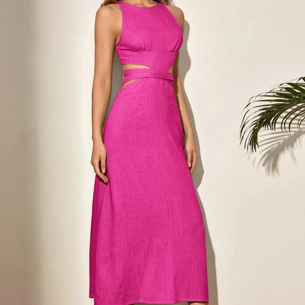 Hot Pink Boho Womens Lace Up Backless Solid Dress - Picture 4 of 5
